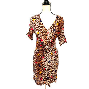 & OTHER STORIES Leopard Print Sheer Faux Wrap Dress Size 10 Brown Dot Vneck